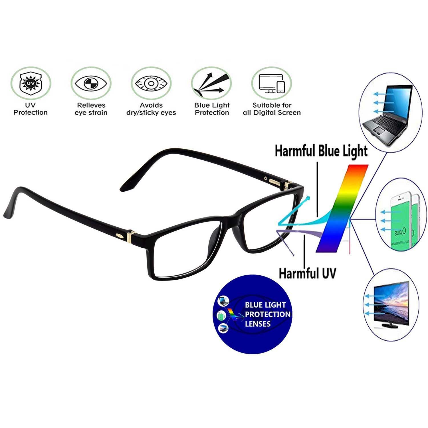 Hrinkar Rectangle Computer Glasses with Anti-Glare and Blue Ray Cut Lenses for Office, Gaming, Online Classes and Mobile/Computer Eye Protection Black Frame for Men & Women