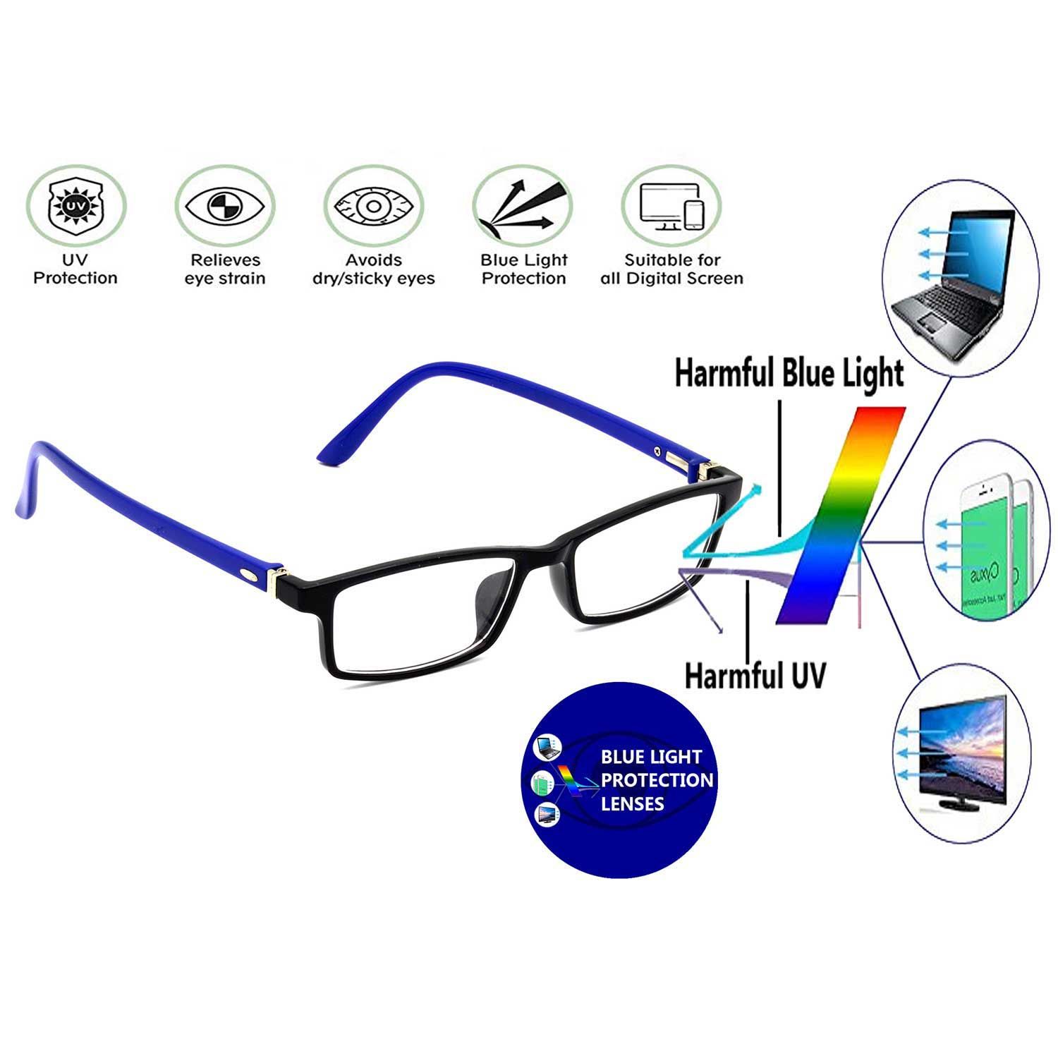 Hrinkar Rectangle Computer Glasses with Anti-Glare and Blue Ray Cut Lenses for Office, Gaming, Online Classes and Mobile/Computer Eye Protection Blue and Black Frame for Men & Women