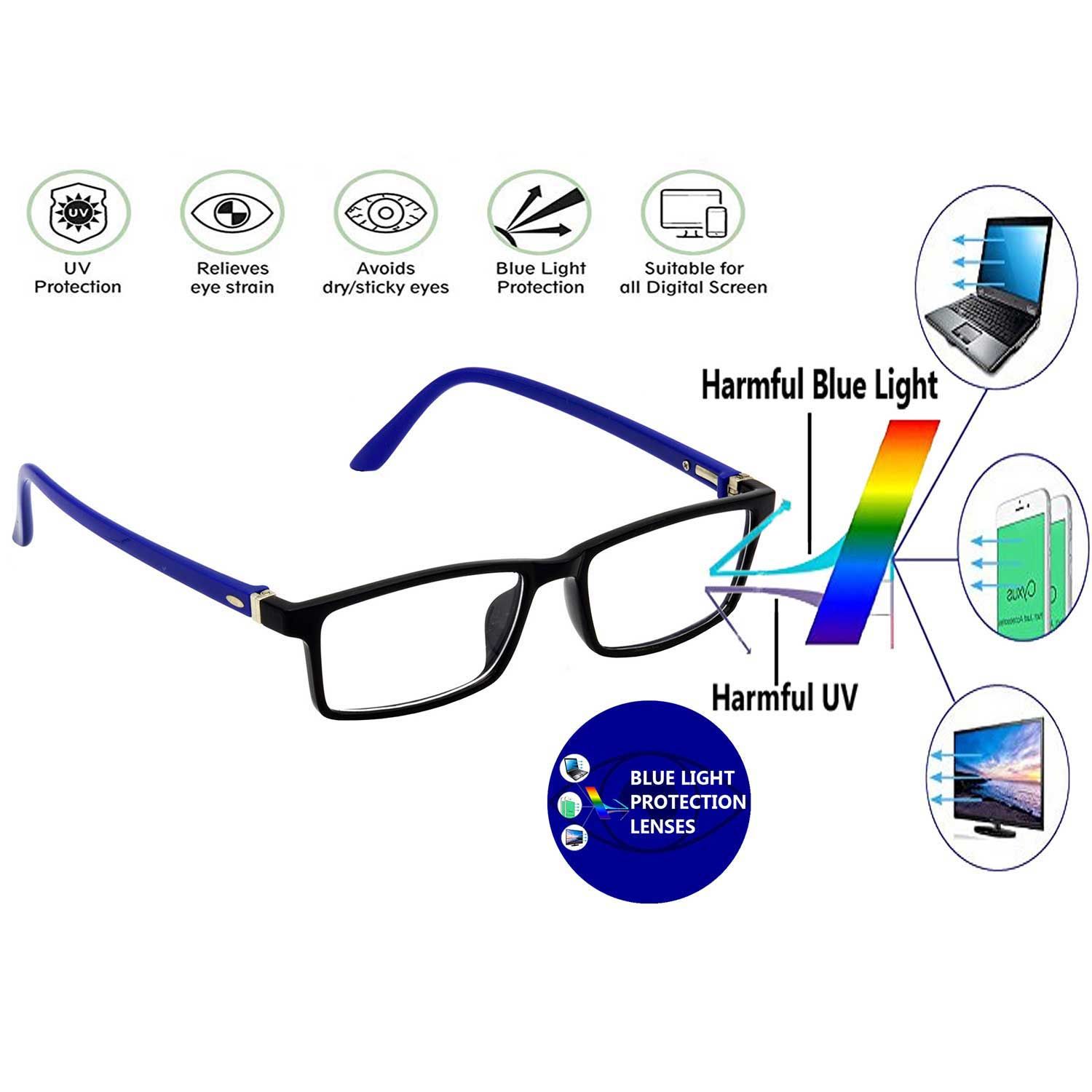 Hrinkar Rectangle Computer Glasses with Anti-Glare and Blue Ray Cut Lenses for Office, Gaming, Online Classes and Mobile/Computer Eye Protection Blue and Black Frame for Men & Women