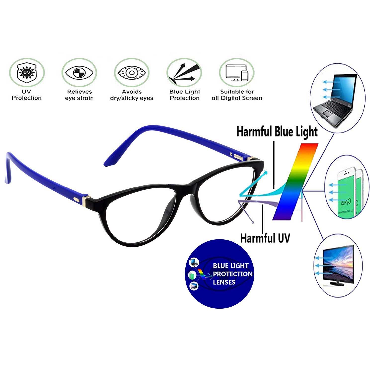 Hrinkar Cat-eyed Computer Glasses with Anti-Glare and Blue Ray Cut Lenses for Office, Gaming, Online Classes and Mobile/Computer Eye Protection Blue and Black Frame for Men & Women