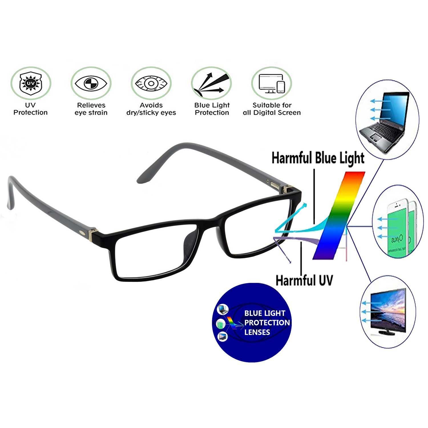 Hrinkar Rectangle Computer Glasses with Anti-Glare and Blue Ray Cut Lenses for Office, Gaming, Online Classes and Mobile/Computer Eye Protection Black and Grey Frame for Men & Women