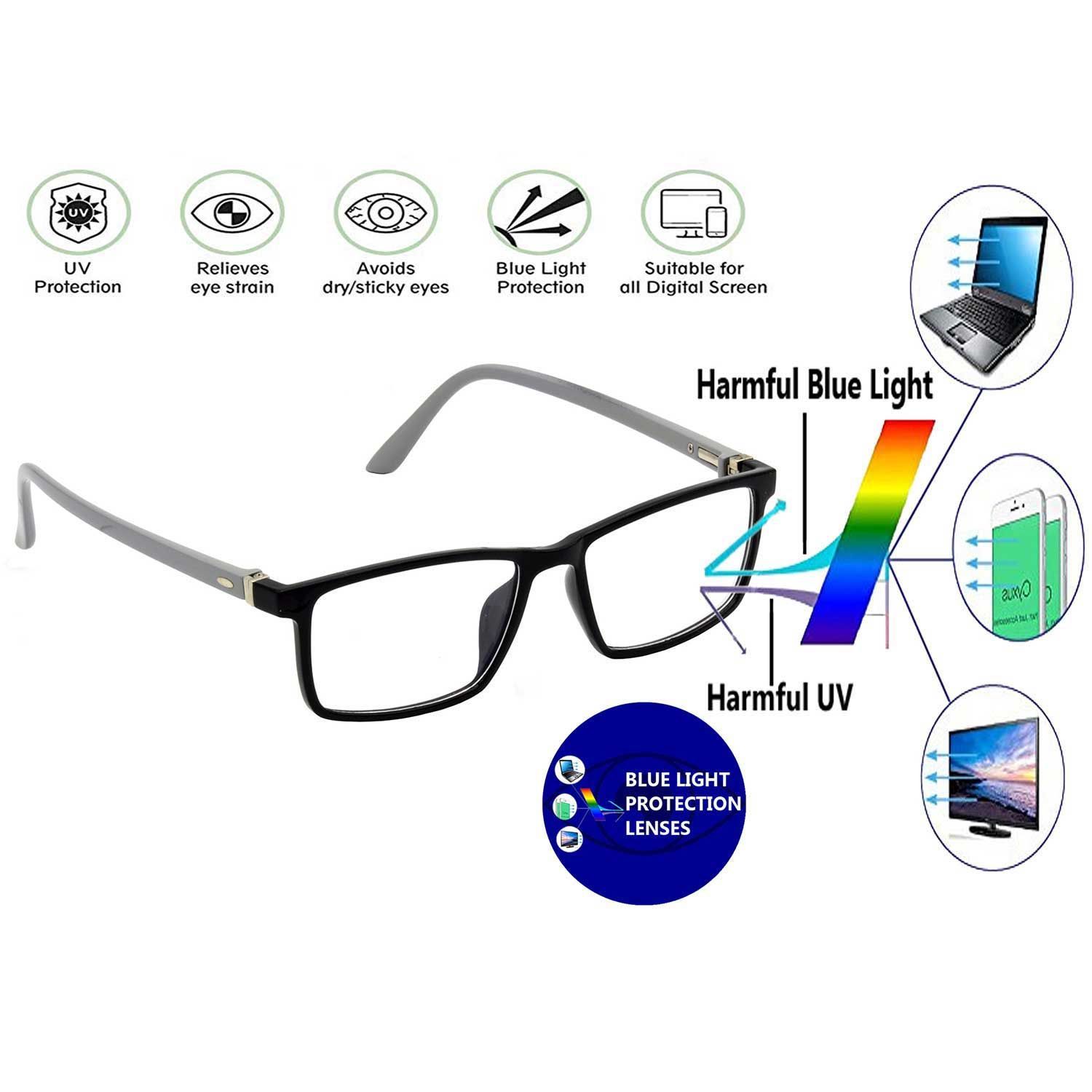 Hrinkar Rectangle Computer Glasses with Anti-Glare and Blue Ray Cut Lenses for Office, Gaming, Online Classes and Mobile/Computer Eye Protection Black and Grey Frame for Men & Women