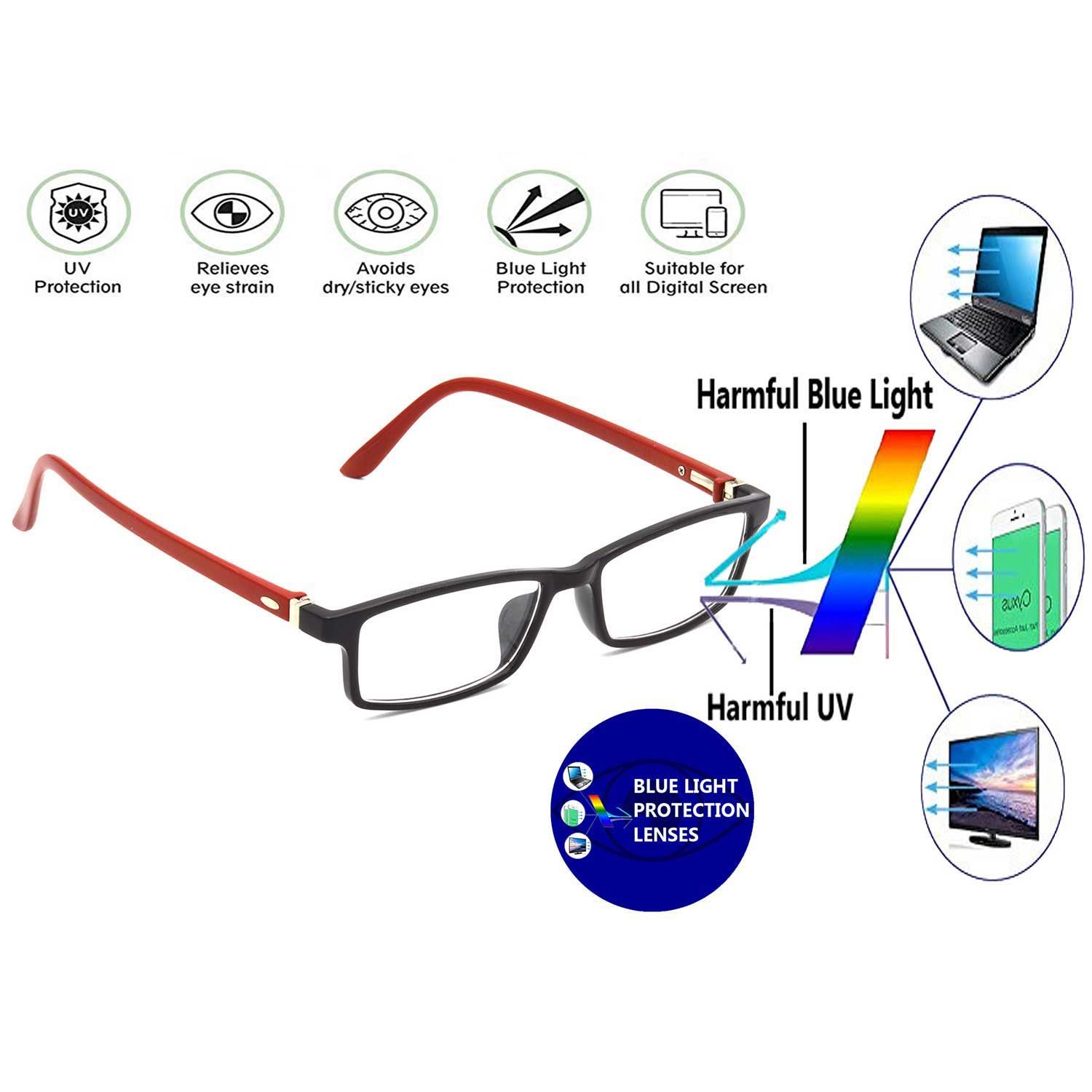 Hrinkar Rectangle Computer Glasses with Anti-Glare and Blue Ray Cut Lenses for Office, Gaming, Online Classes and Mobile/Computer Eye Protection Red and Black Frame for Men & Women