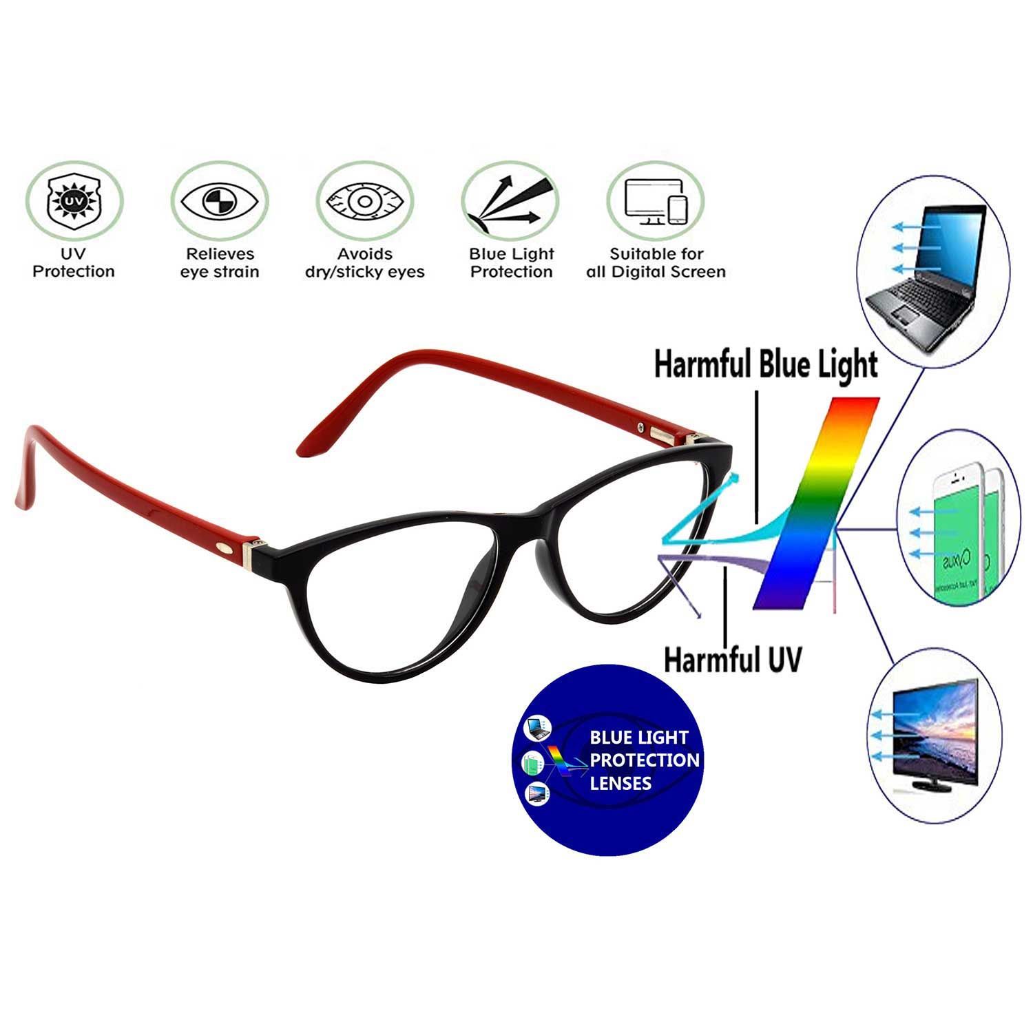 Hrinkar Cat-eyed Computer Glasses with Anti-Glare and Blue Ray Cut Lenses for Office, Gaming, Online Classes and Mobile/Computer Eye Protection Red and Black Frame for Men & Women