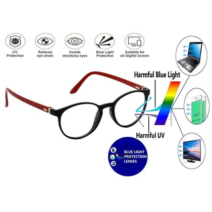 Hrinkar Oval Computer Glasses with Anti-Glare and Blue Ray Cut Lenses for Office, Gaming, Online Classes and Mobile/Computer Eye Protection Red and Black Frame for Men & Women