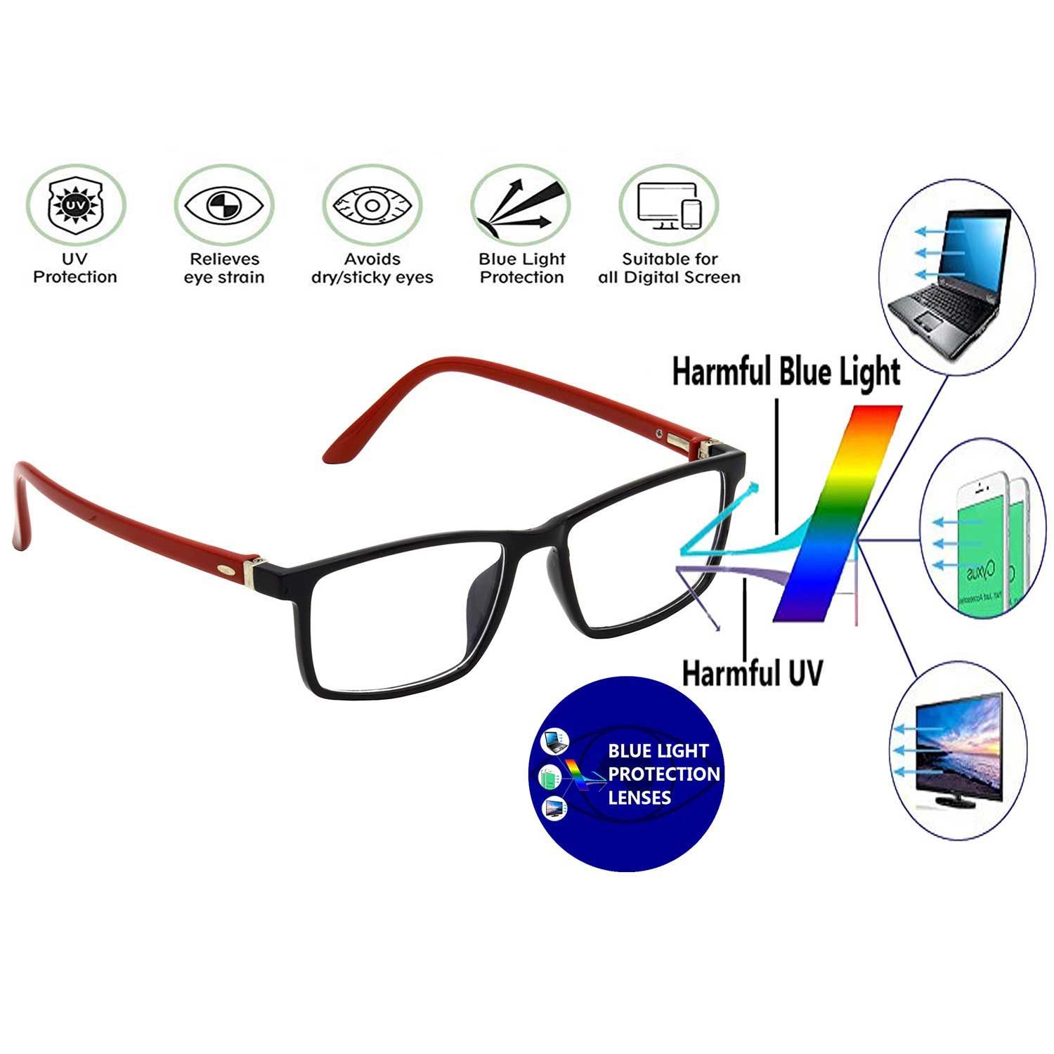 Hrinkar Rectangle Computer Glasses with Anti-Glare and Blue Ray Cut Lenses for Office, Gaming, Online Classes and Mobile/Computer Eye Protection Red and Black Frame for Men & Women