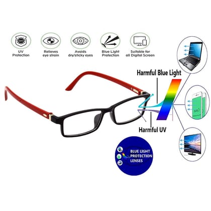 Hrinkar Rectangle Computer Glasses with Anti-Glare and Blue Ray Cut Lenses for Office, Gaming, Online Classes and Mobile/Computer Eye Protection Red and Black Frame for Kids Boy & Girl