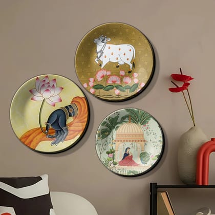 Set of 3 Woman, Cow, and Lotus Wall Plates Décor