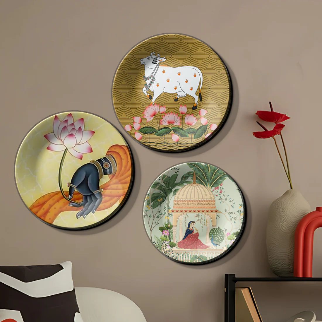 Set of 3 Woman, Cow, and Lotus Wall Plates Décor