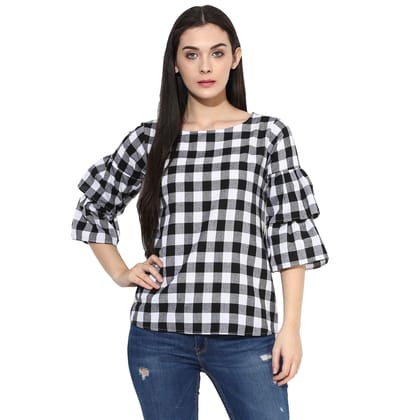 One femme Women's Checkered Ruffle Sleeves Top