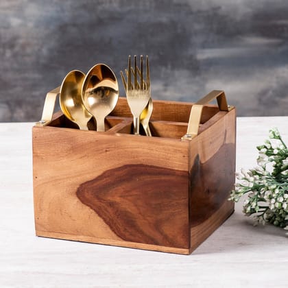 Inseparables Teak Wood Cutlery Holder - Gold