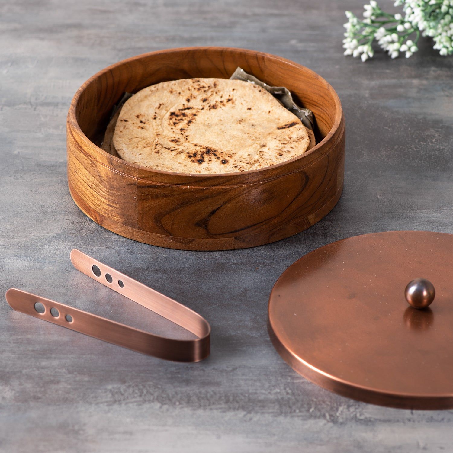 Classic Acacia Wood Roti Box with tong - Copper