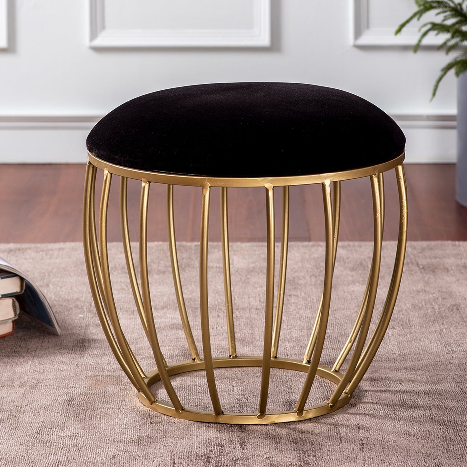 Classic Velvet Cage Metallic Stool in Black Color