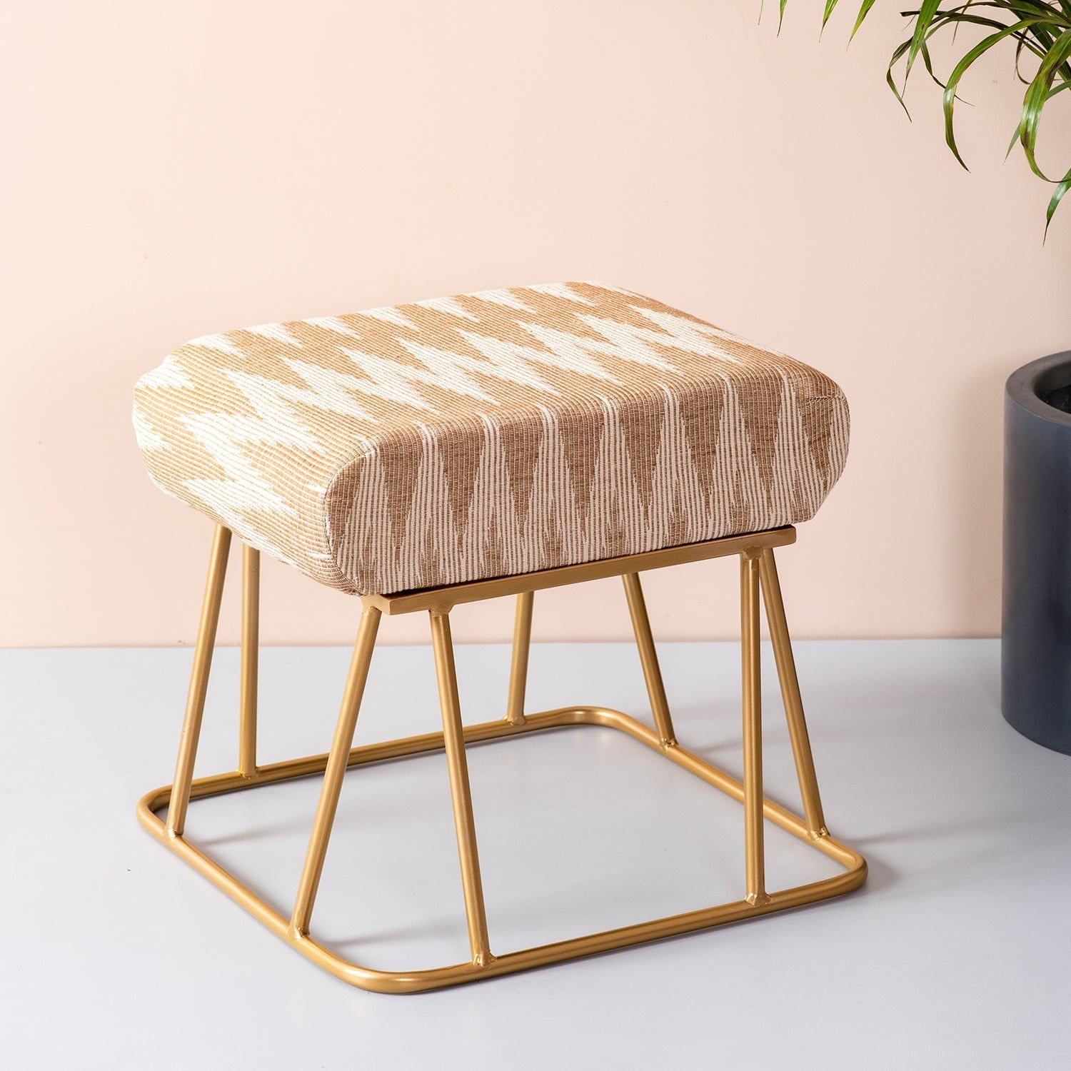 Crest Jacquard Metallic Stool in Beige Color