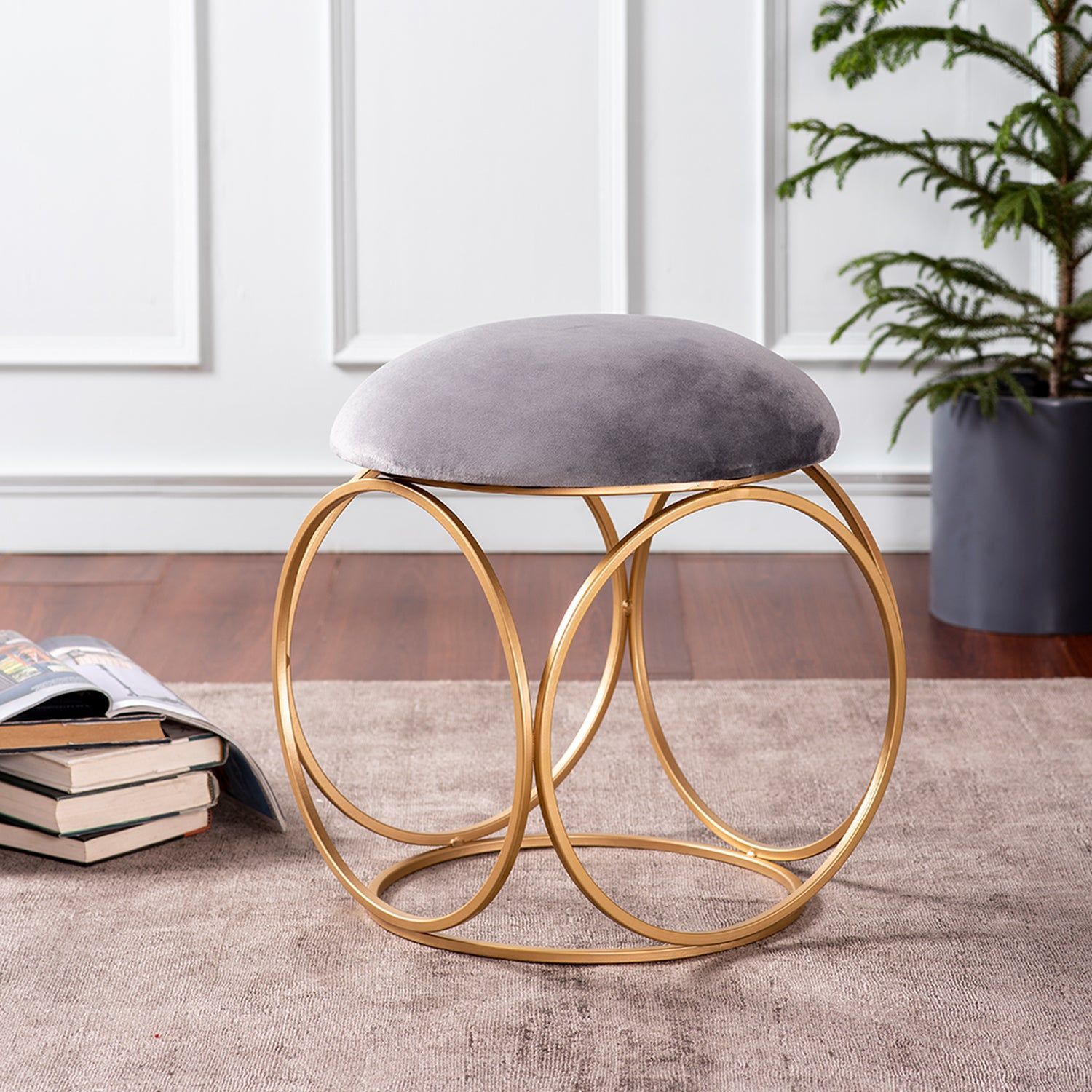 Classic Velvet Ring Metallic Stool in Grey Color