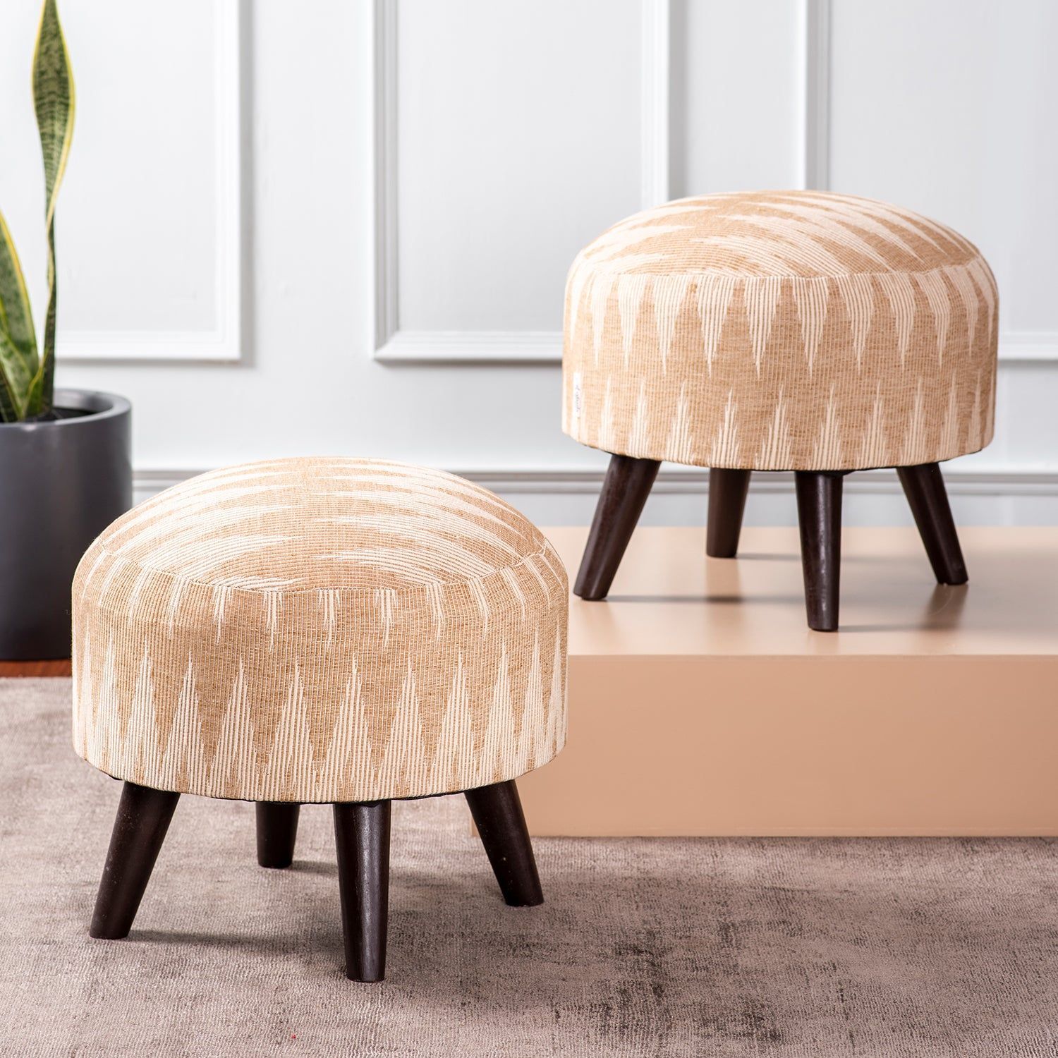 Crest Jacquard Wooden Ottoman in Beige Color Set of 2