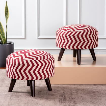 Hues Jacquard Wooden Ottoman in Red Color Set of 2