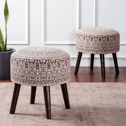 Botanic Fabric Wooden Ottoman in Grey Color Set of 2