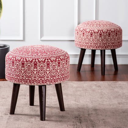 Botanic Fabric Wooden Ottoman in Red Color Set of 2