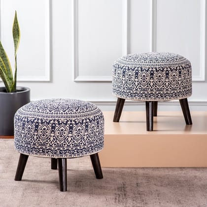 Mandala Fabric Wooden Ottoman in Blue Color Set of 2