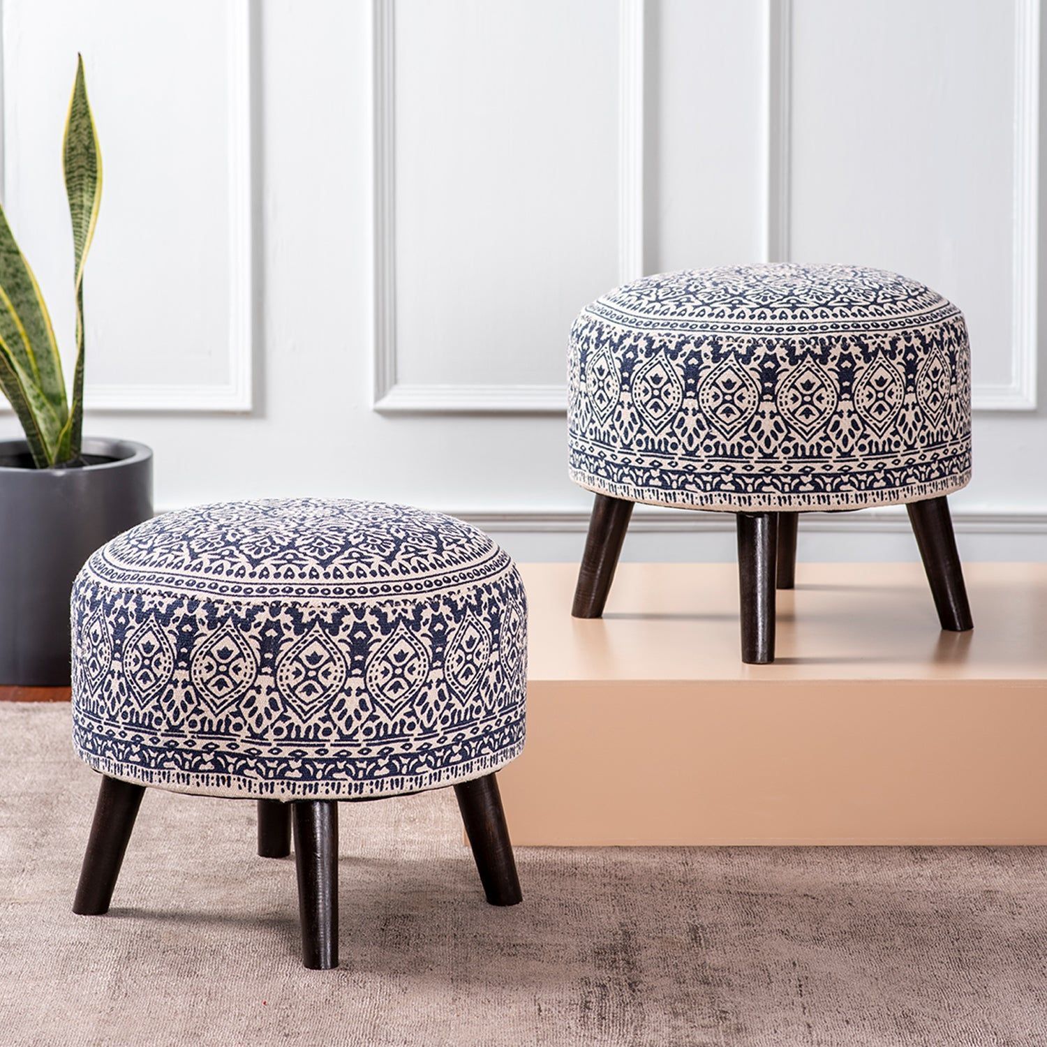 Mandala Fabric Wooden Ottoman in Blue Color Set of 2