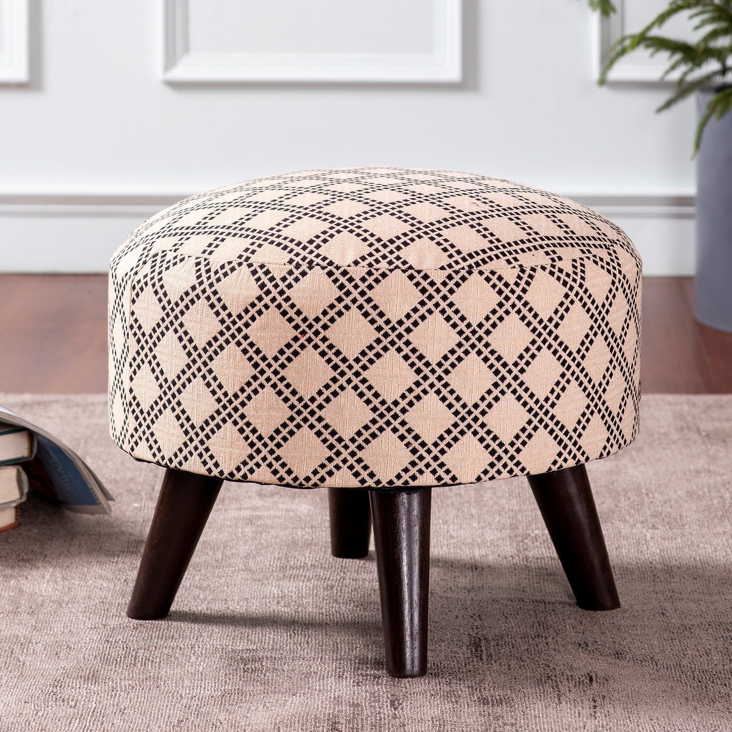 Quad Jacquard Wooden Ottoman in Cream Color