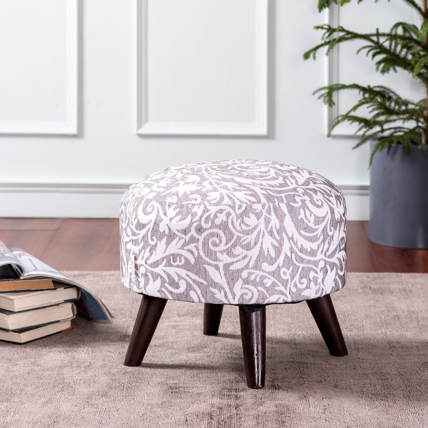 Hues Jacquard Wooden Ottoman in Grey Color