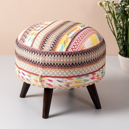 Hues Jacquard Wooden Ottoman in Multicolor