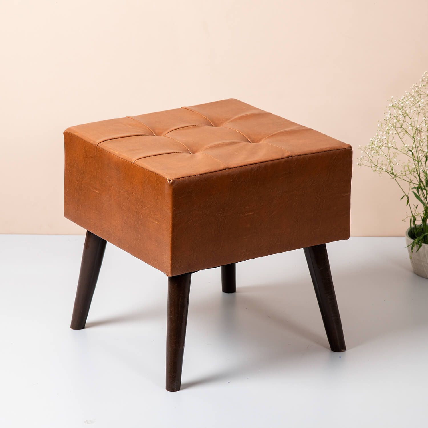 Boxy Leatherette Button Ottoman