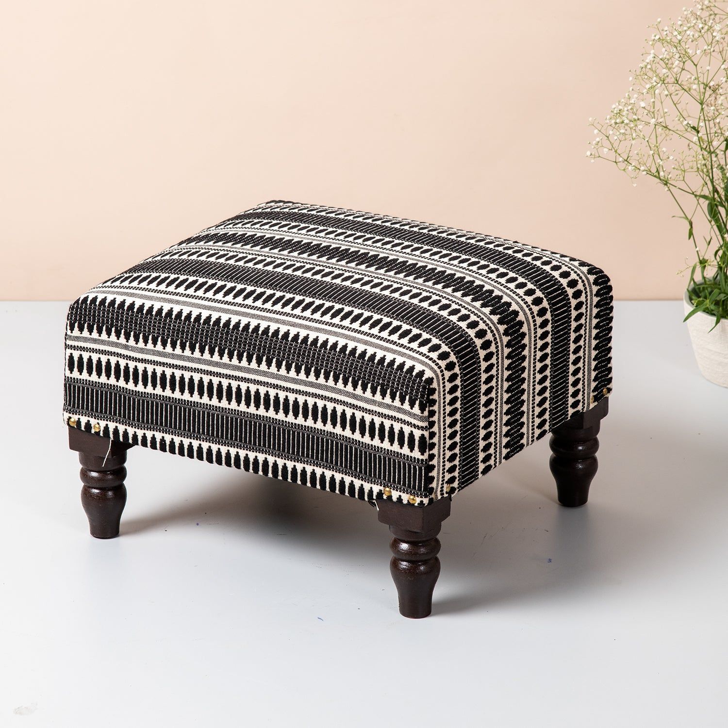 Bohemian Jacquard Wooden Foot Stool in Black & White Color