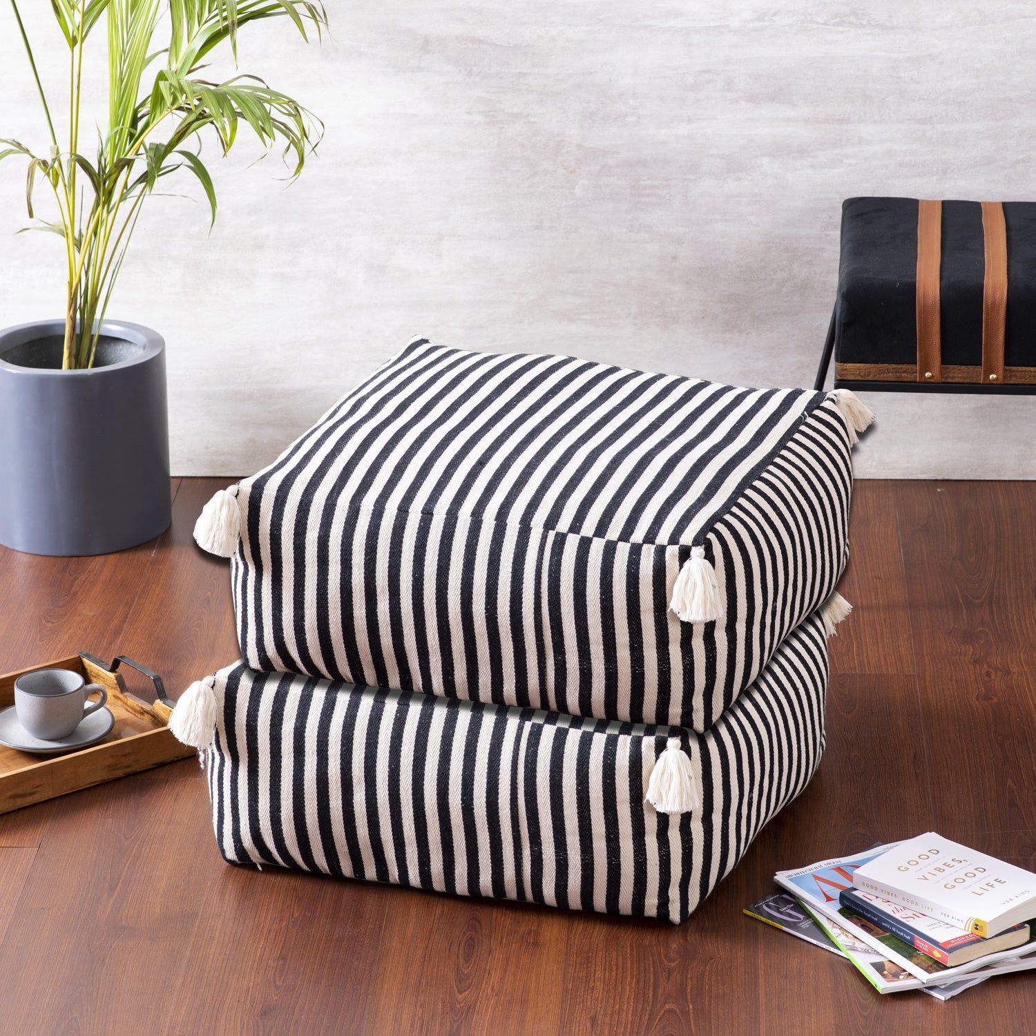 Zebra Fabric Pouf in Black & White Color Set of 2