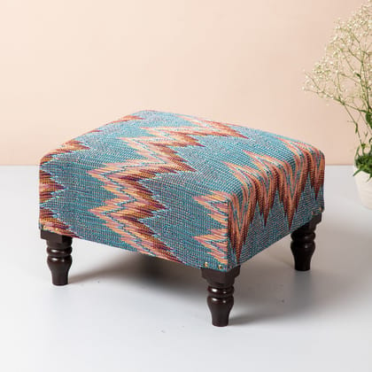 Crest Jacquard Wooden Foot Stool in Blue Color