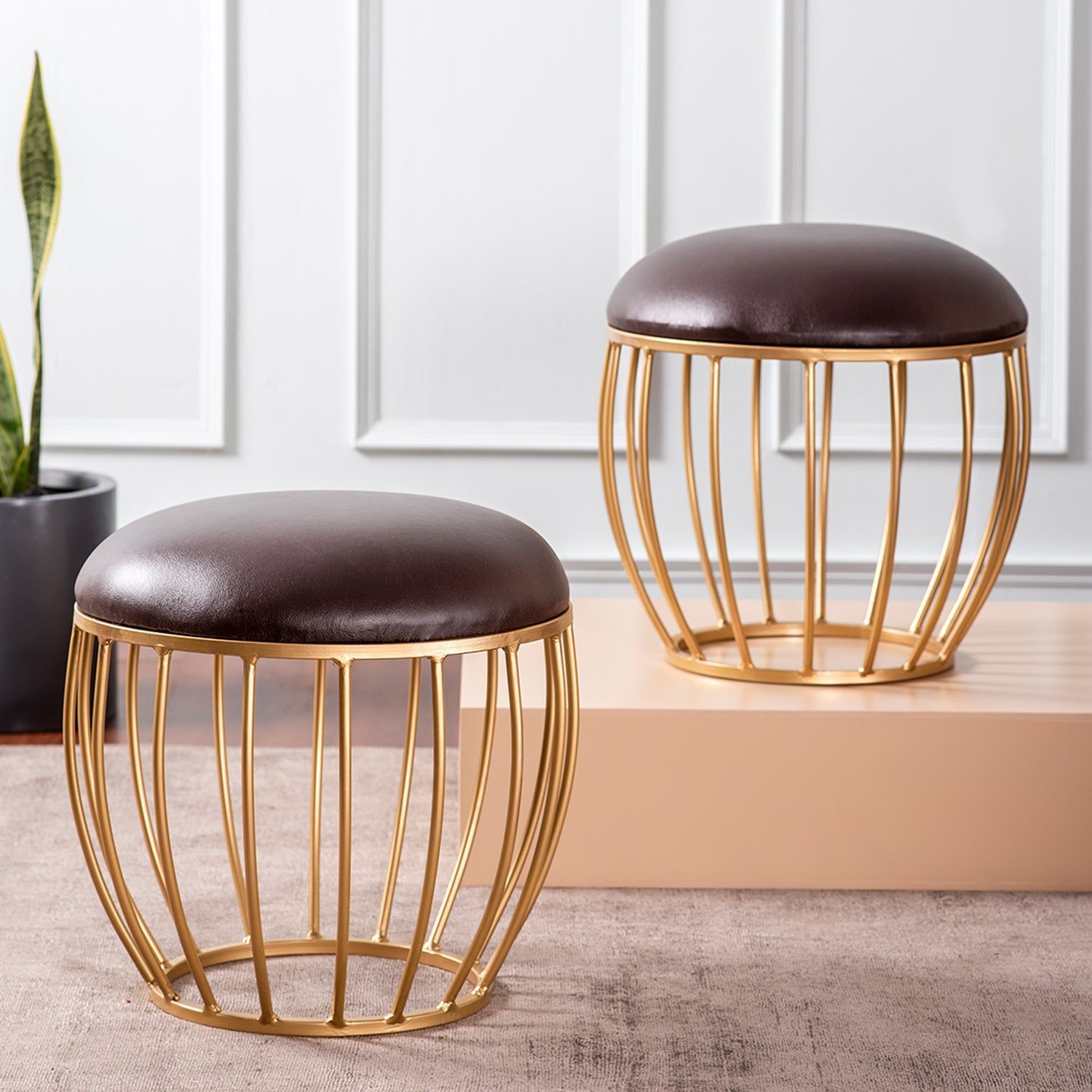 Axel Leatherette Cage Metallic Stool in Brown Color Set of 2