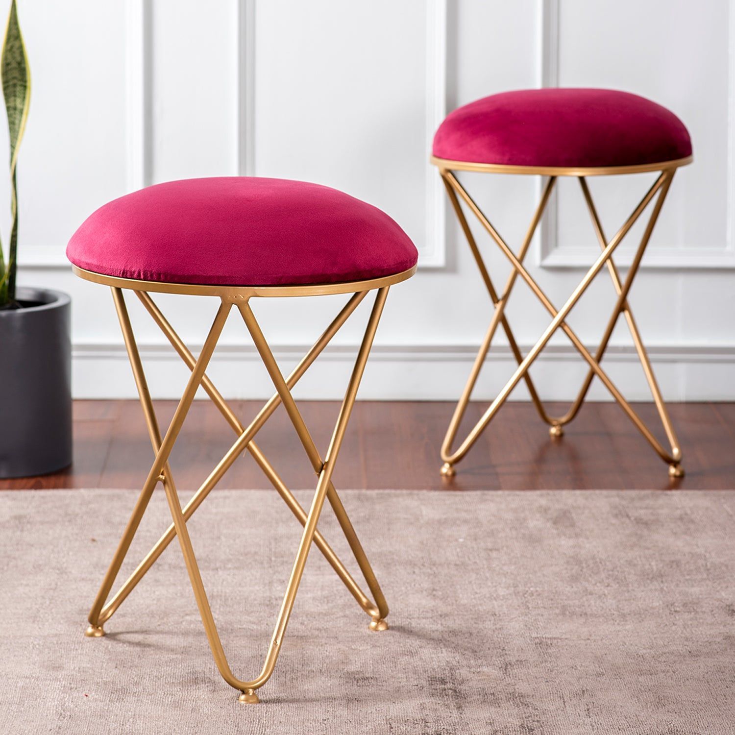 Lush Velvet Cross Metallic Stool in Maroon Color Set of 2