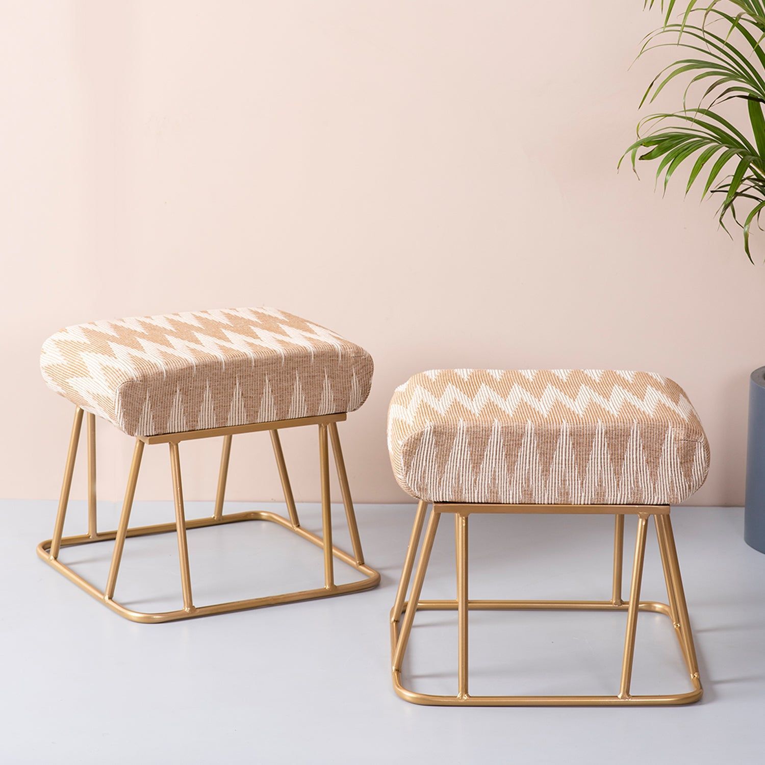 Crest Jacquard Metallic Stool in Beige Color Set of 2