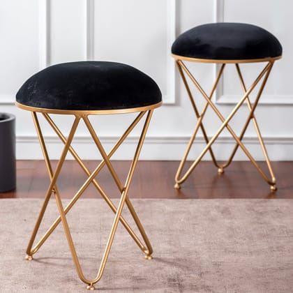 Classic Velvet Cross Metallic Stool in Black Color Set of 2