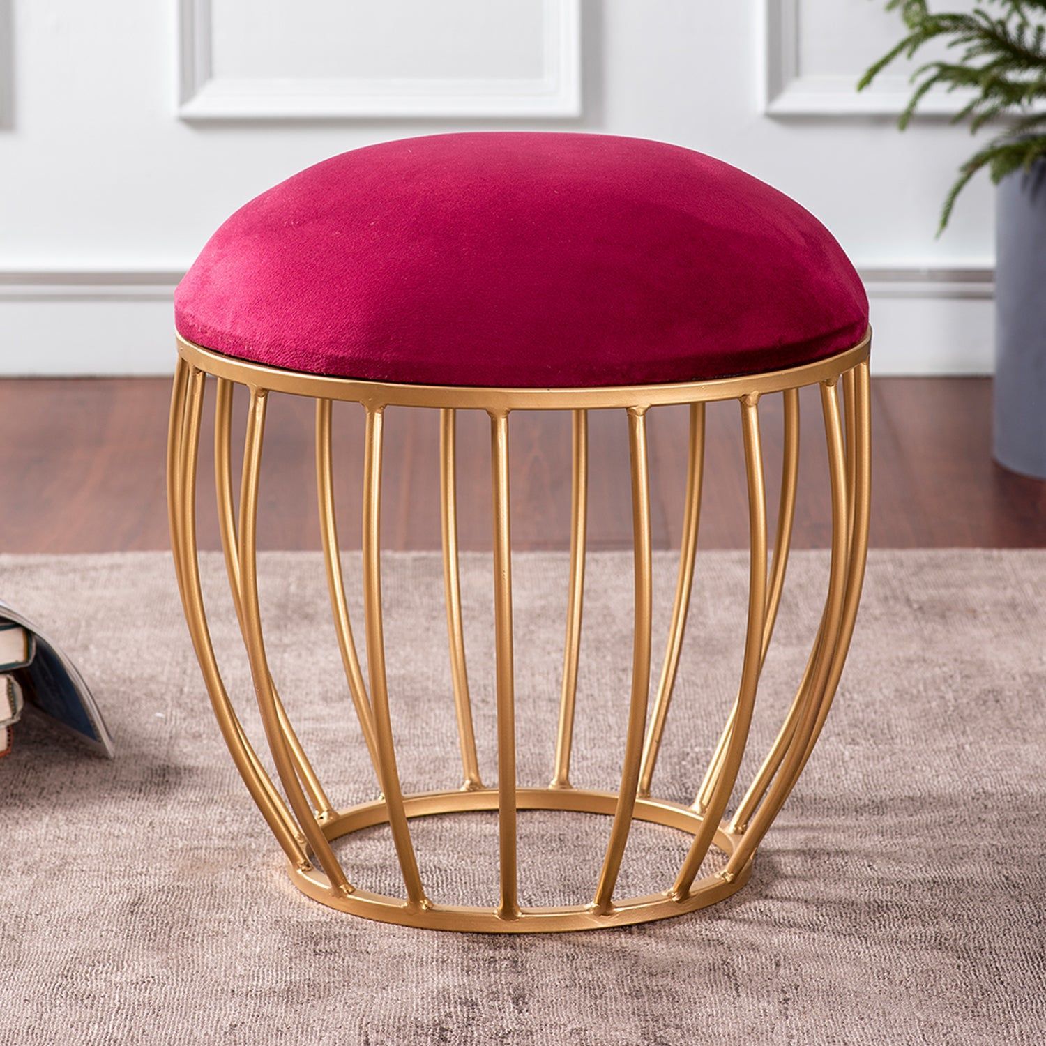 Lush Velvet Cage Metallic Stool in Maroon Color