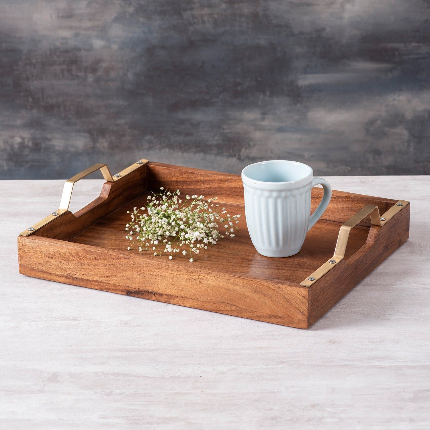 Inseparables Teak Wood Serving Tray - Gold