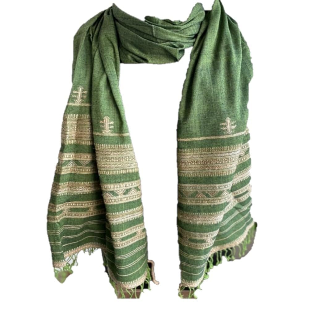 SoulShoppr HANDLOOM Olive Green Cotton Dupatta Stole with Tussar Silk Weaving and Border Tassels for Women and Girls/For Festivals.