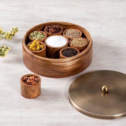 Classic Acacia Wood Masala Box - Gold