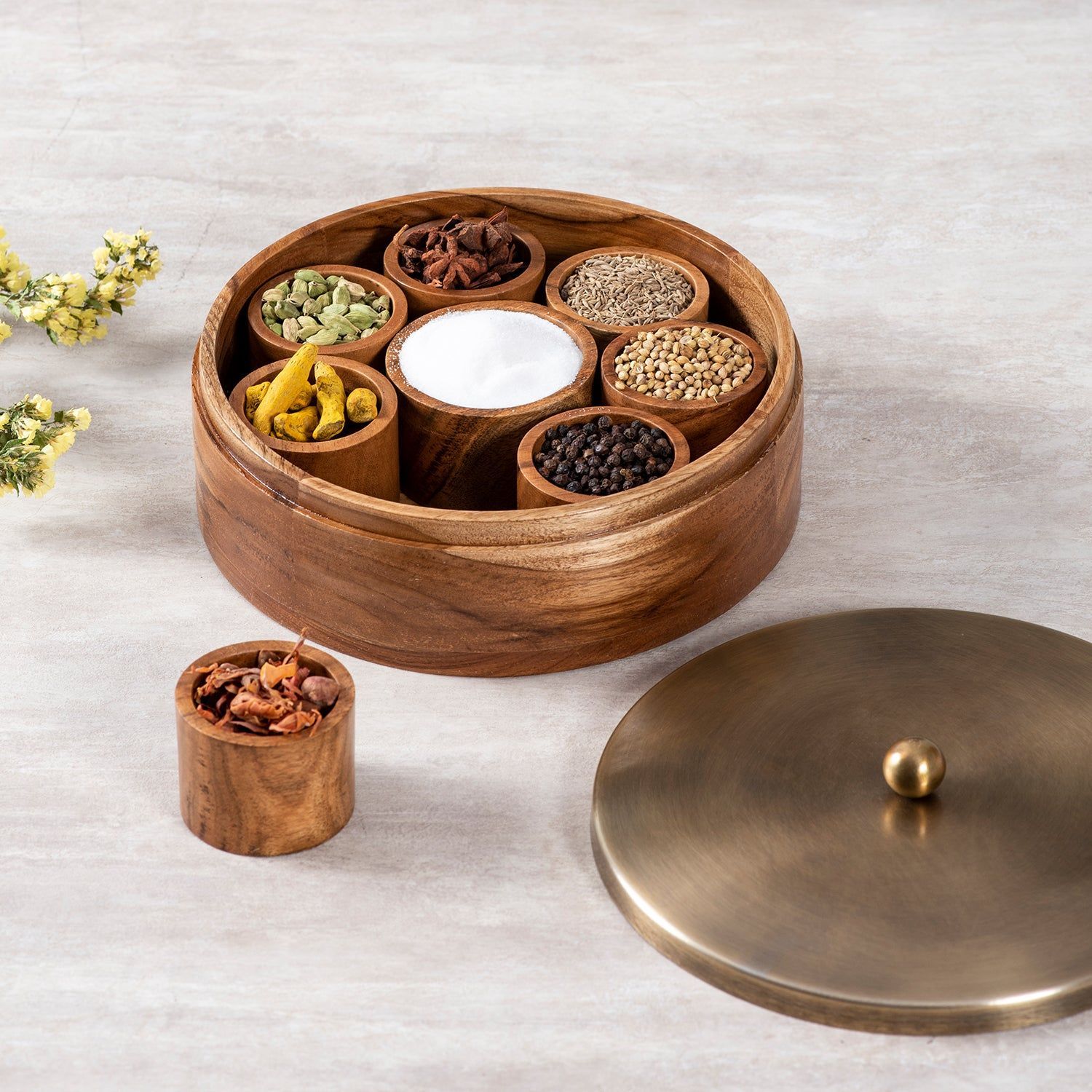 Classic Acacia Wood Masala Box - Copper