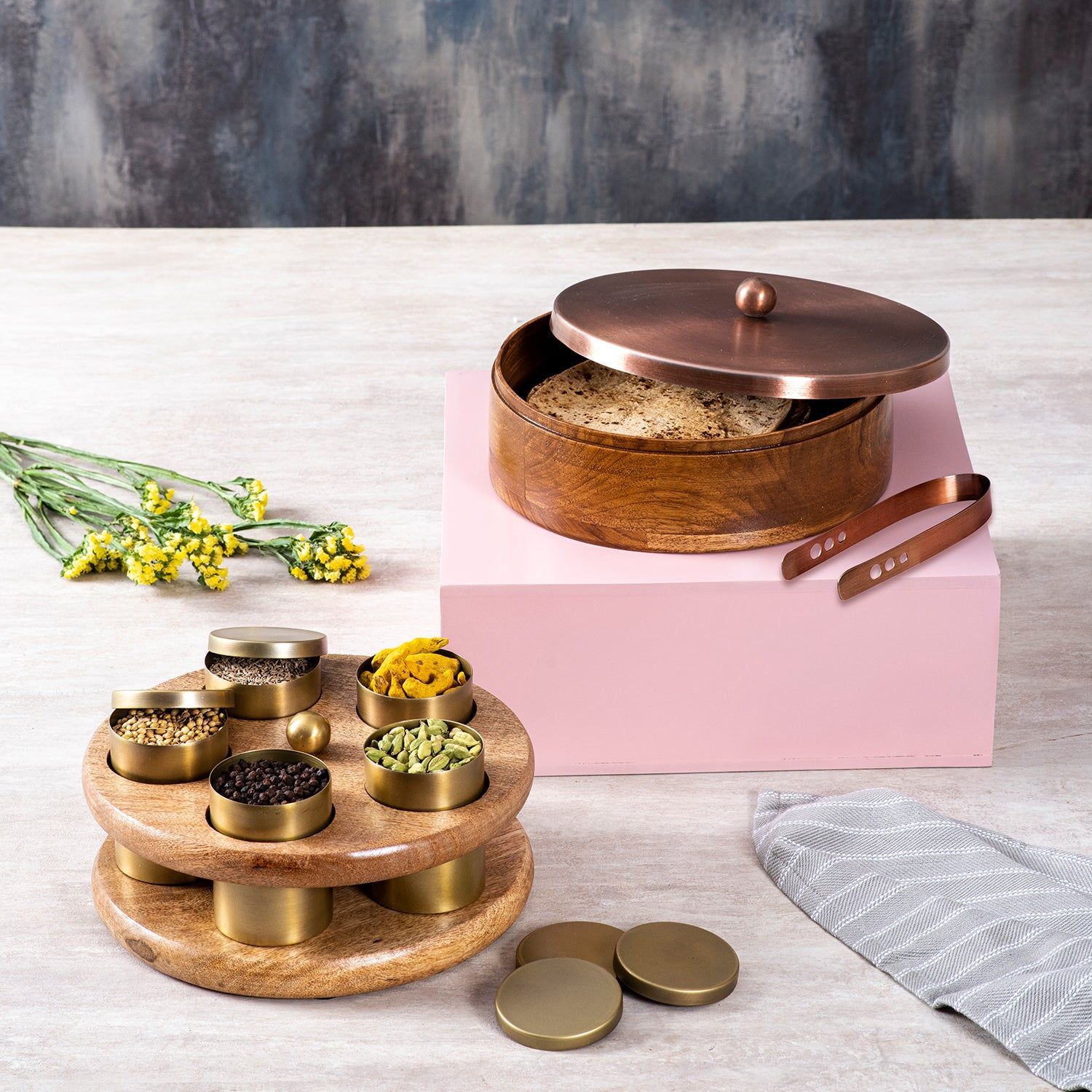 Copper Roti Box with Masala Box Set