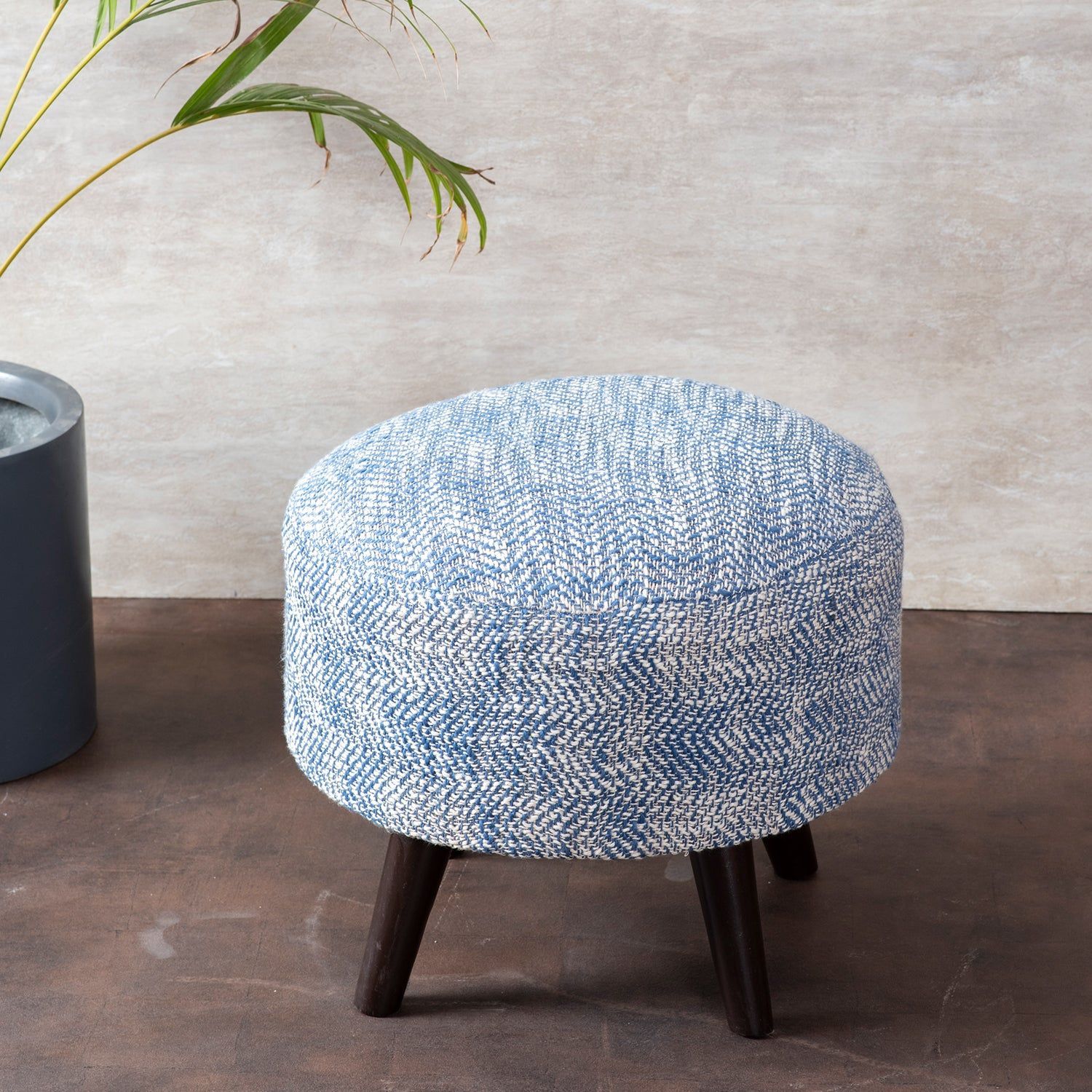 Slub Jacquard Wooden Ottoman in Blue Color