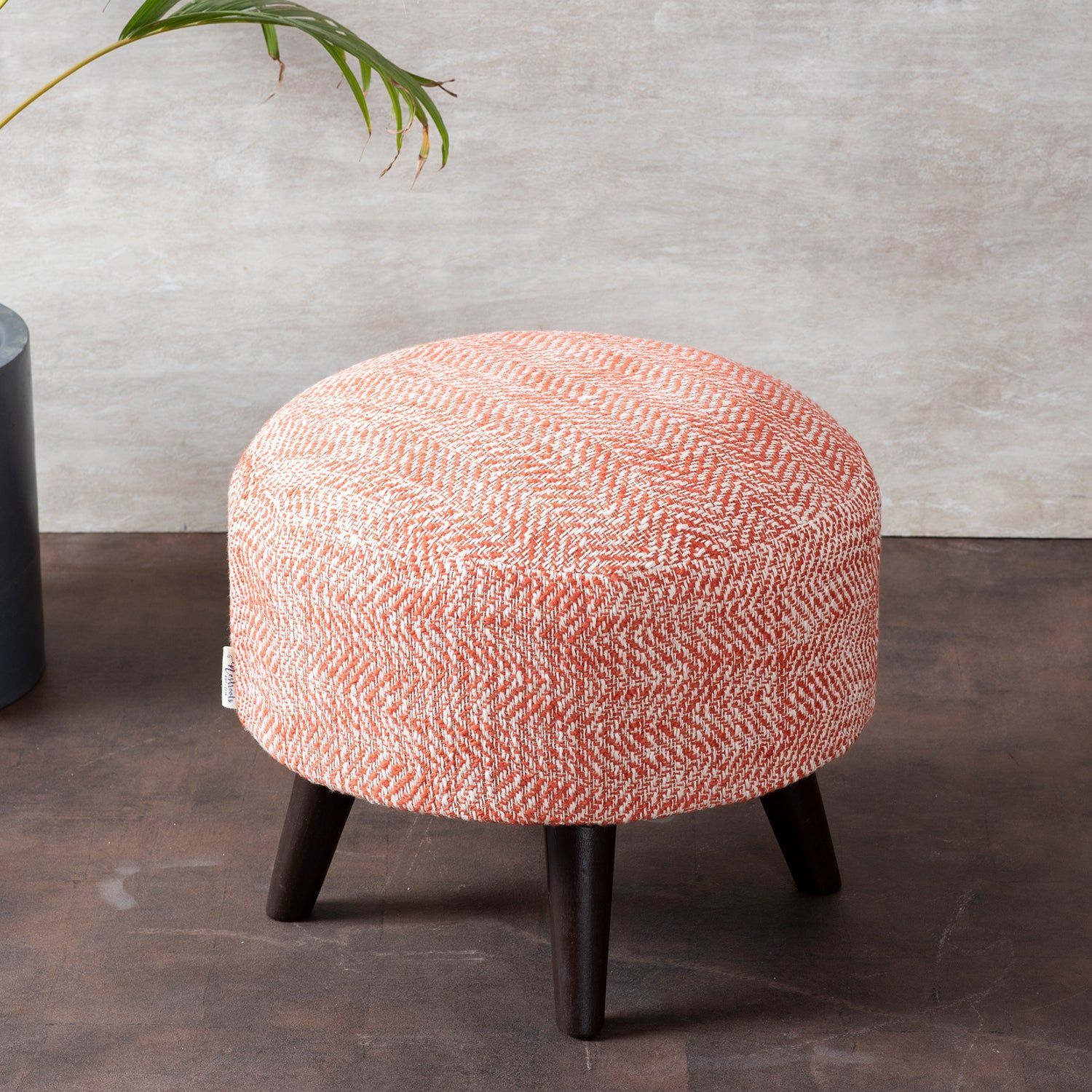 Slub Jacquard Wooden Ottoman in Orange Color