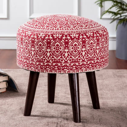 Botanic Fabric Wooden Ottoman in Red Color