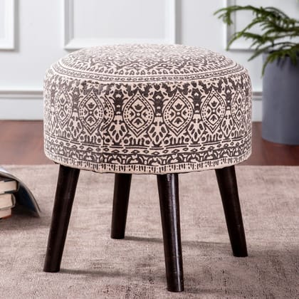 Botanic Fabric Wooden Ottoman in Grey Color