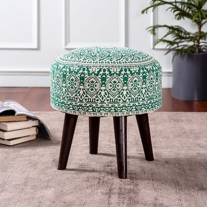 Botanic Fabric Wooden Ottoman in Green Color