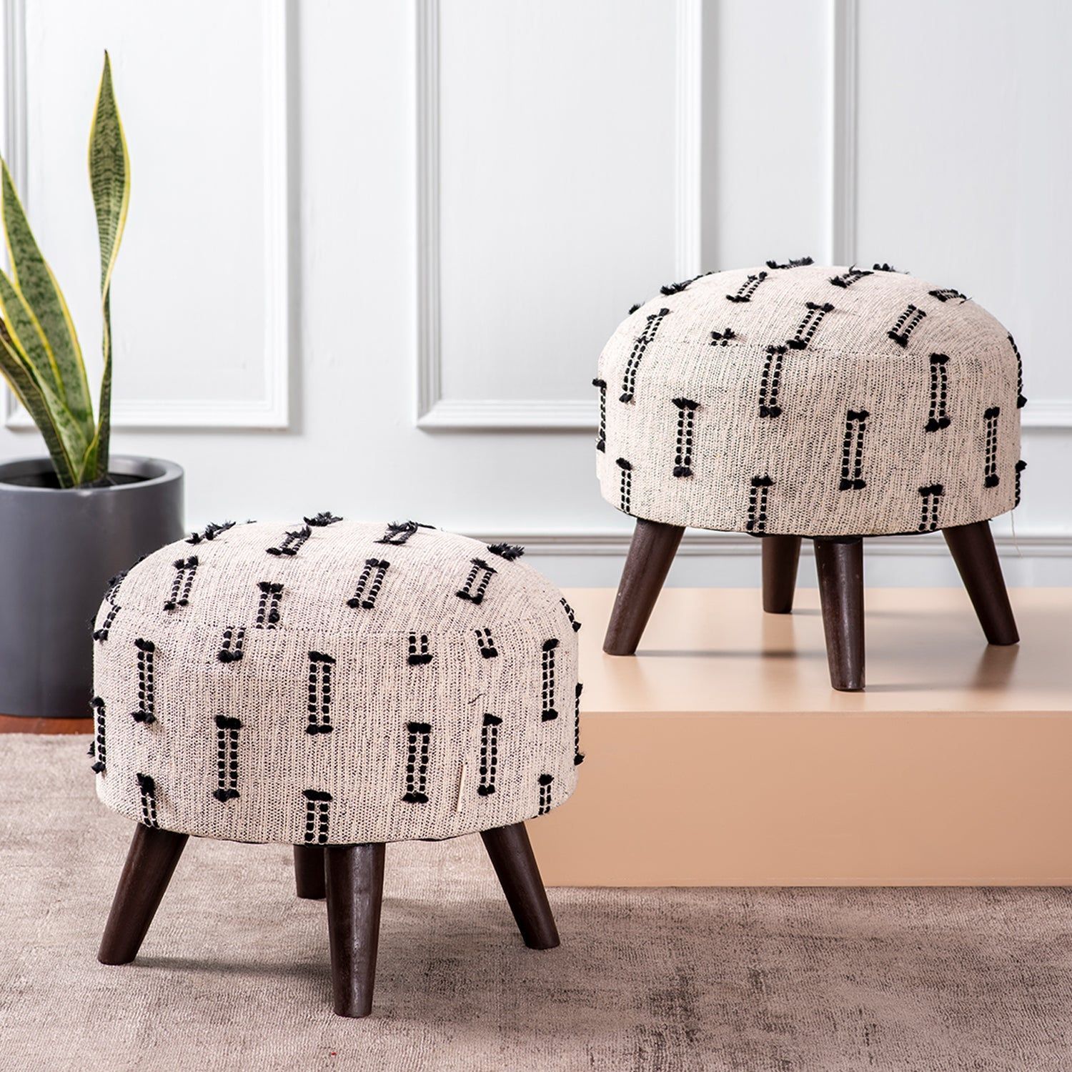 Bohemian Jacquard Wooden Ottoman in Black & Off White Set of 2