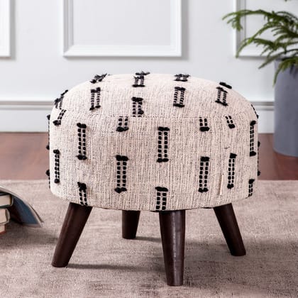 Bohemian Jacquard Wooden Ottoman in Black & Off White