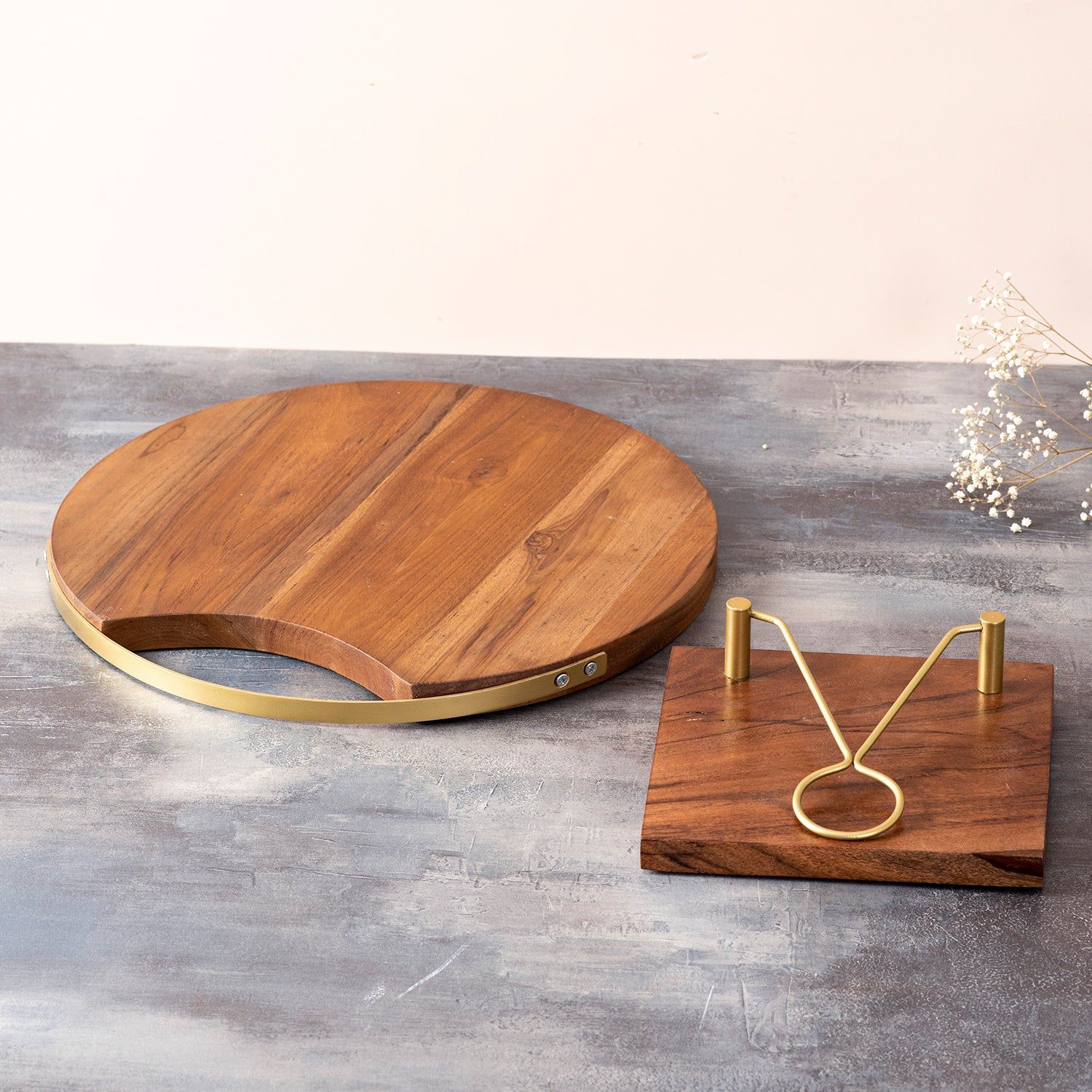 Teak Wood Serving Platter & Napkin Holder